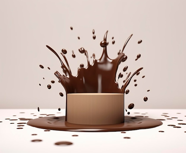 Chocolate splash with a podium mockup background for milk product display 3d Generative AI