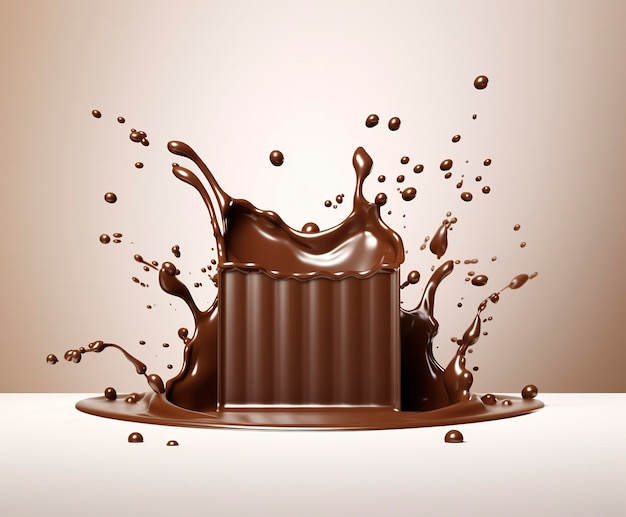 Chocolate splash with a podium mockup background for milk product display 3d Generative AI