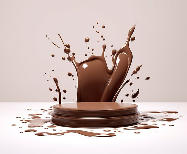 乳製品表示用の表彰台のモックアップの背景を持つチョコレートのスプラッシュ3DジェネレーティブAI