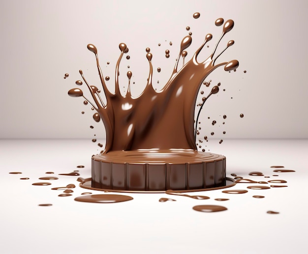 Chocolate splash with a podium mockup background for milk product display 3d Generative AI