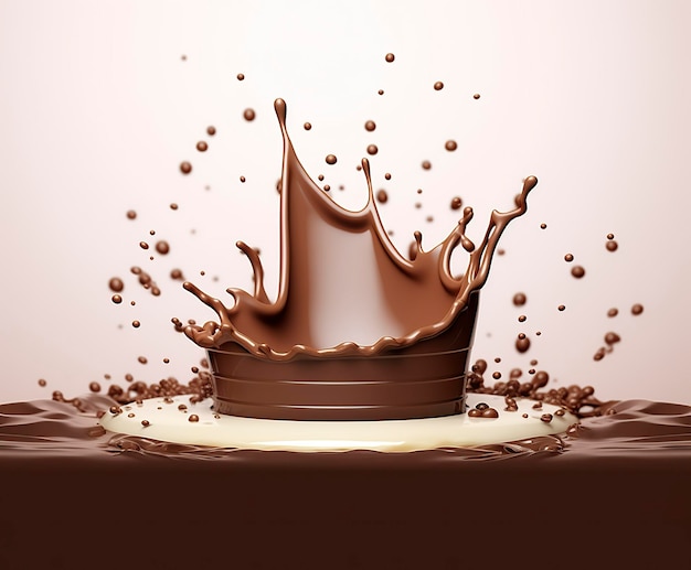 Chocolate splash with a podium mockup background for milk product display 3d Generative AI