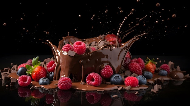 A chocolate splash with raspberries and blueberries