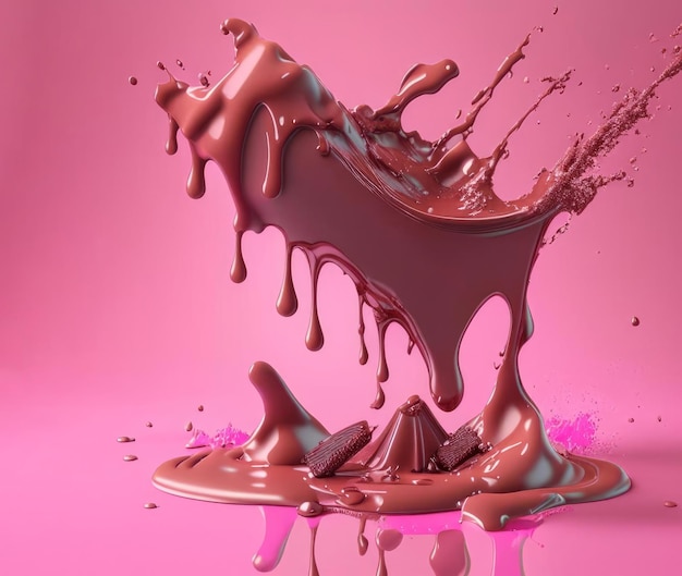 Foto schizzi di cioccolato su sfondo rosa generato dall'intelligenza artificiale