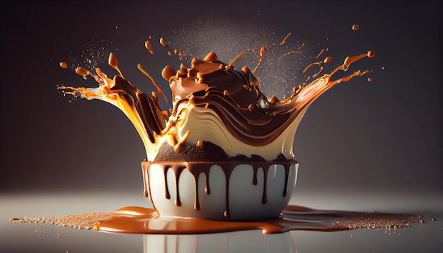 Chocolate splashing in a glass with ice cream on a dark backgroundgenerative ai