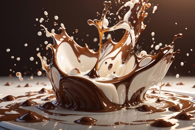 Chocolate splashing sauce with milk in brown background