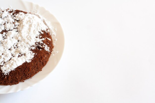 Chocolate sponge cake with powdered sugar on a plate, copy space