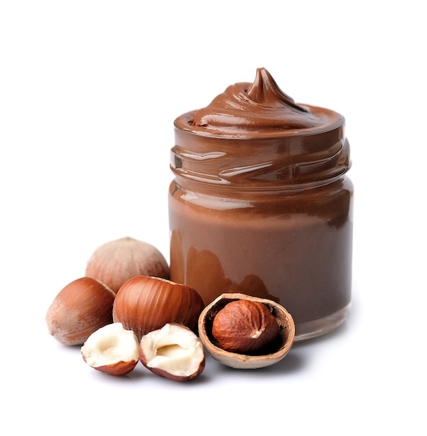 Chocolate spread with filbert nuts isolated.