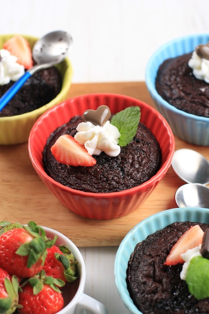 Chocolate Steam Cake Brownie on Red Ramekin Cup