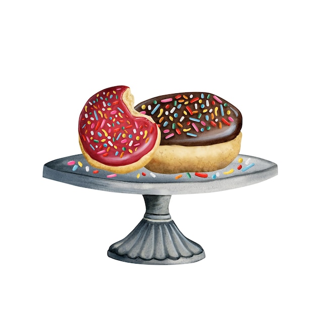 Chocolate and strawberry doughnuts with sprinkles watercolor illustration in red brown grey colors