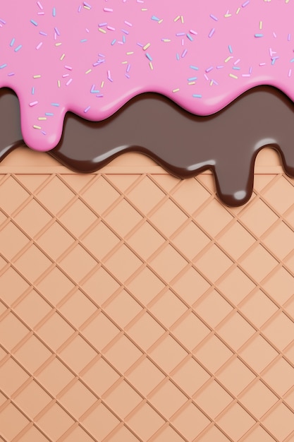 Chocolate and Strawberry Ice Cream Melted with Sprinkles on Wafer Background,