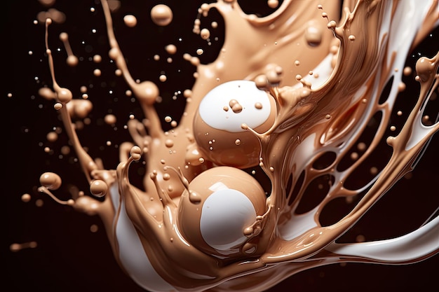 우유 배경에 잠긴 초콜릿 우유 거품과 반사 감각적 경험