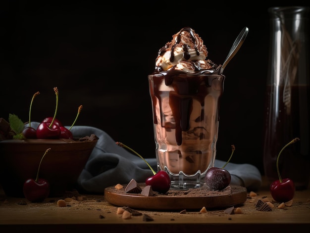 A chocolate sundae with chocolate ice cream and cherries on the side.
