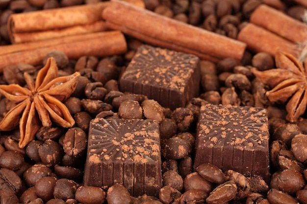 Chocolate sweets with cocoaspices and nuts on coffee beans background