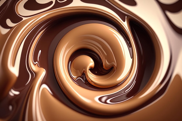 チョコレートの渦巻きの背景 茶色と白の溶けたチョコレート 流れるココア ジェネレーティブ AI