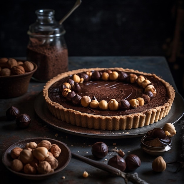 A chocolate tart with nuts on the top and a bowl of nuts on the right.