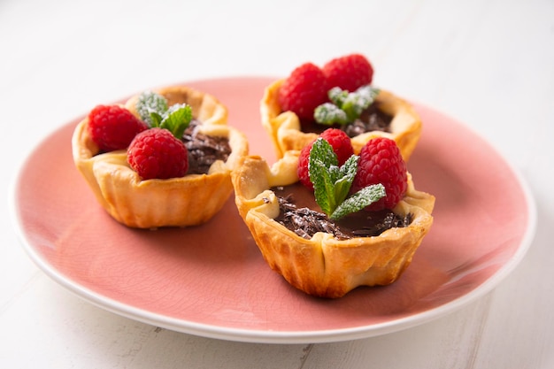 Chocolate tarts with mint on a pink plate