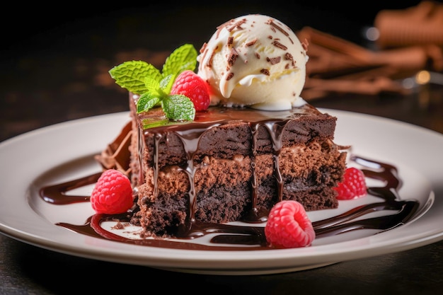 Chocolate Torte a dense flourless chocolate cake served with a scoop of vanilla ice cream