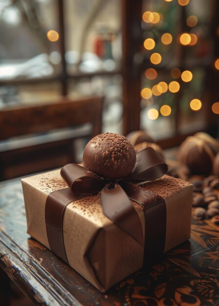 Chocolate truffle and gift box on wooden table