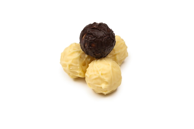 Chocolate truffle isolated on white background. Top view.