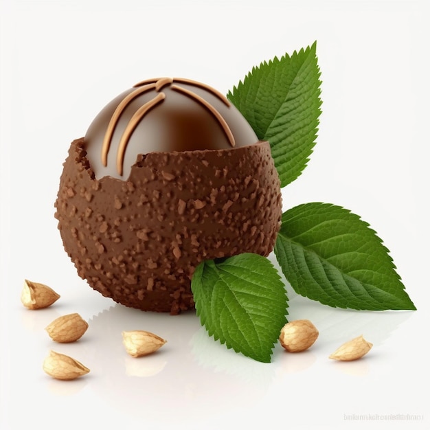 A chocolate truffle with a chocolate shell and green leaves on the floor.