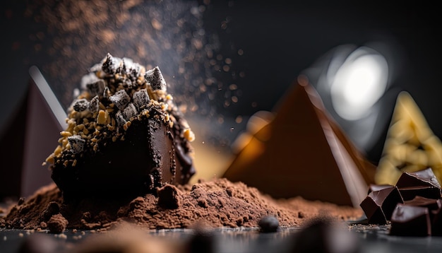 A chocolate truffle with a pyramid in the background