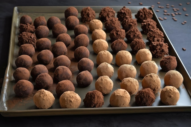 Chocolate truffles arranged in neat rows on platter