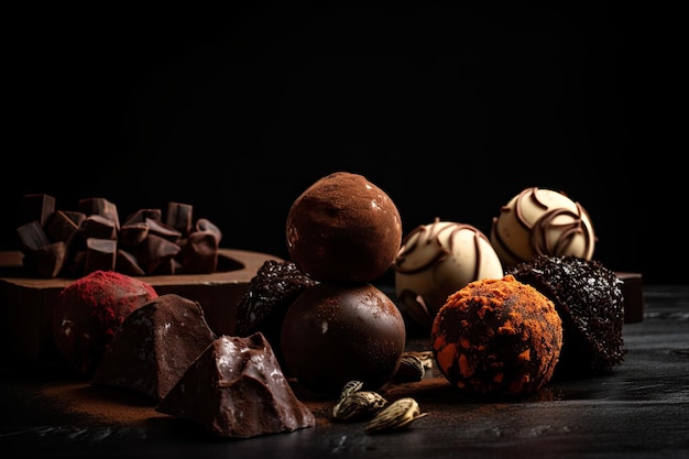 Chocolate truffles on black background with focus on the shapes and colors of their fillings