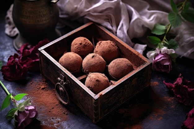 Chocolate truffles dusted with cocoa powder in a box created with generative ai