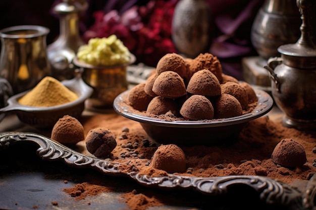 Chocolate truffles dusted with cocoa powder created with generative ai