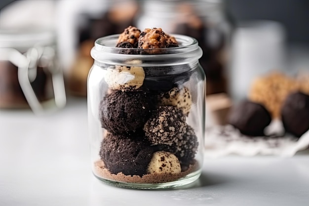 Chocolate truffles in a glass jar on a gray background Delicious truffle cake closeup inside a glass jar AI Generated