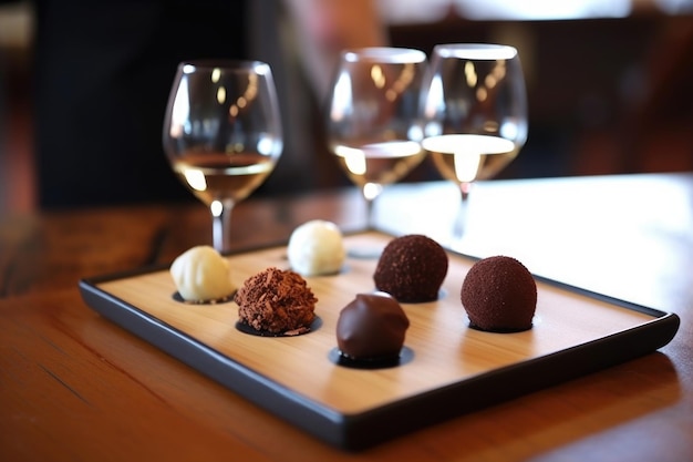 Chocolate truffles and wine tasting flight at winery created with generative ai