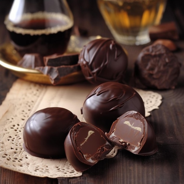 Chocolate truffles with a glass of coffee on a table