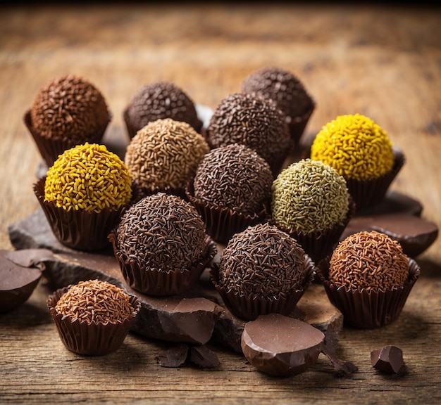 chocolate truffles on a wooden background tinting selective focus