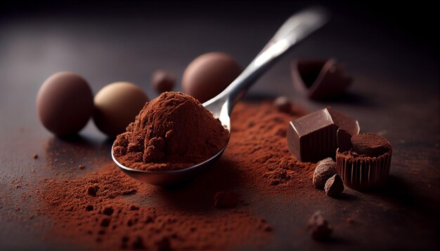 Chocolate truffles in a wooden spoon on a dark backgroundgenerative ai