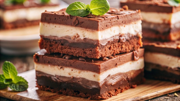 a chocolate and vanilla dessert is stacked on top of each other