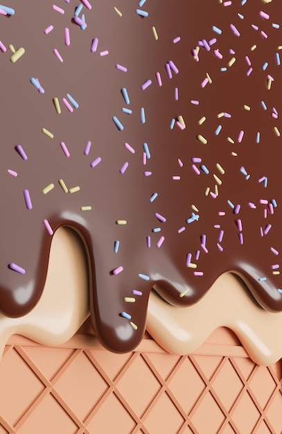 Шоколадное и ванильное мороженое, растопленное с брызгами на вафельном фоне., 3d модель и иллюстрация.
