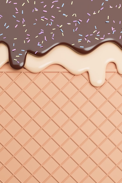 Chocolate and Vanilla Ice Cream Melted with Sprinkles on Wafer Background, 3D rendering