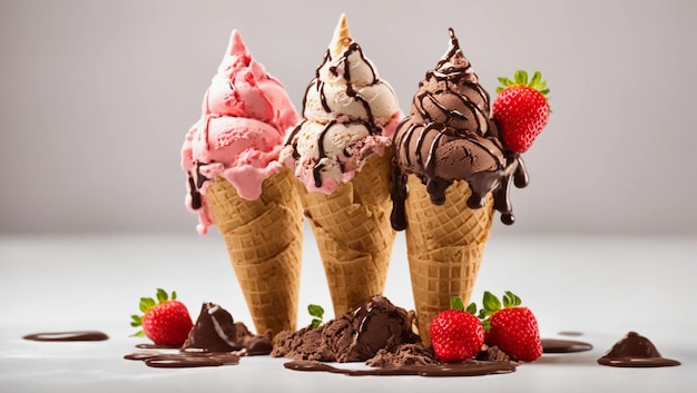 Chocolate vanilla and strawberry ice cream isolated on white background