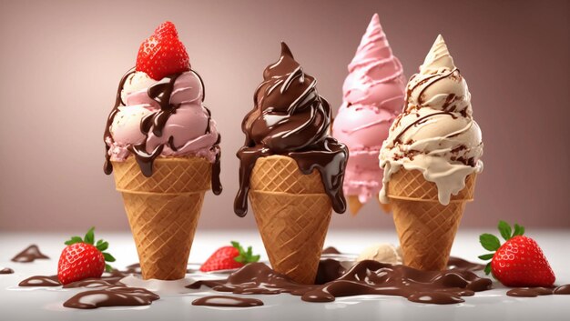 Шоколадное ванильное и клубничное мороженое на белом фоне