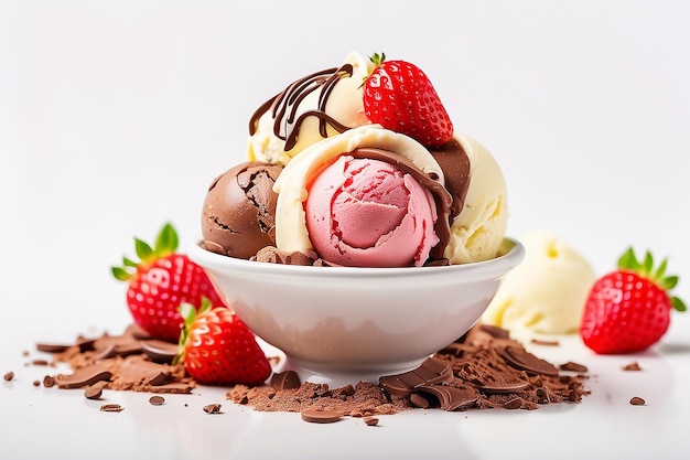 chocolate vanilla and strawberry ice cream isolated on white