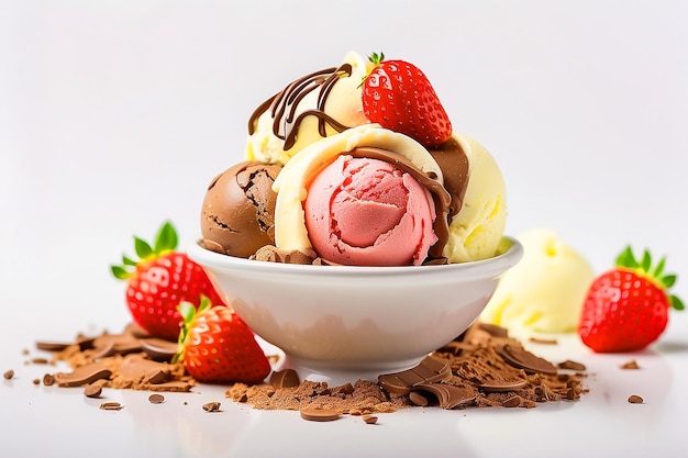 chocolate vanilla and strawberry ice cream isolated on white