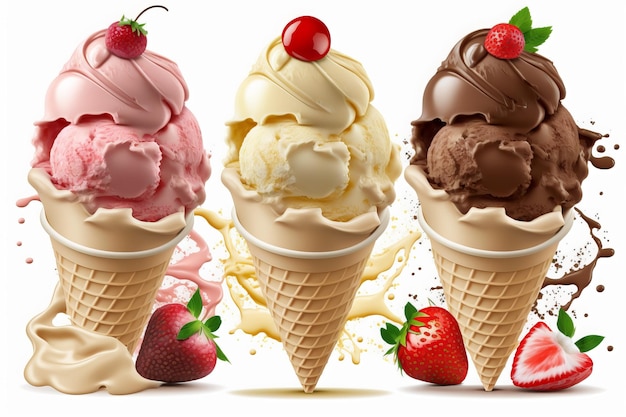 Chocolate, vanilla and strawberry Ice Cream isolated on white