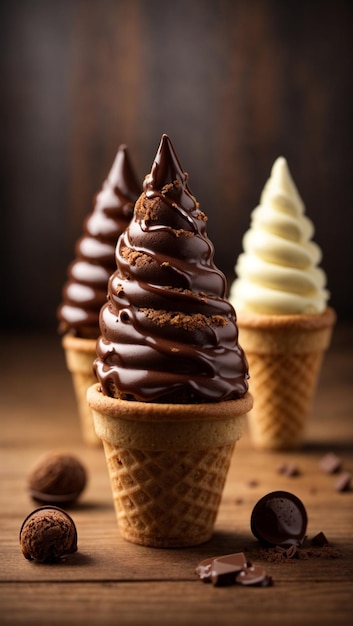 Chocolate vanilla and strawberry ice cream in waffle cone