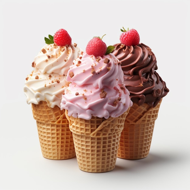 Photo chocolate vanilla and strawberry ice cream with topping in the cone on transparent background