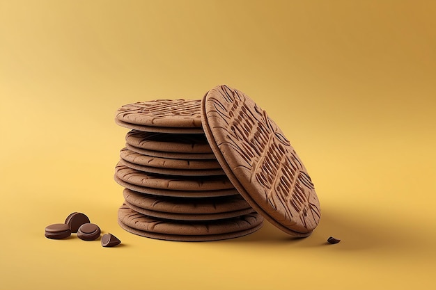 Дизайн упаковки шоколадной вафли вкусный дизайн упаковки печенья изолирован на желтом фоне в 3D-иллюстрации