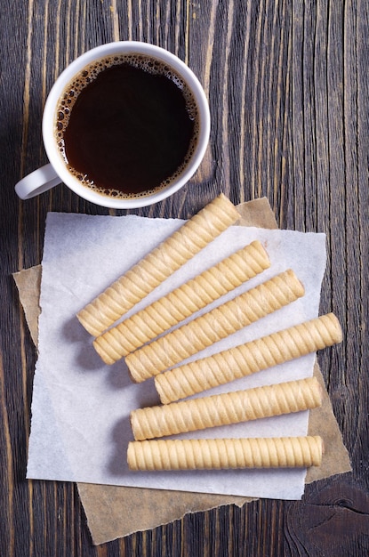 Chocolate waffle rolls and coffee