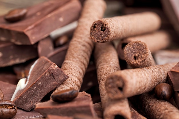 Chocolate waffle tubes with chocolate filling