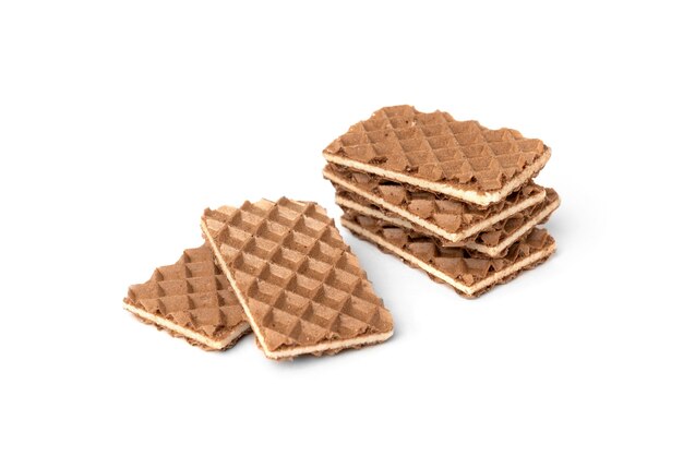 Chocolate waffles with milk filling isolated on white