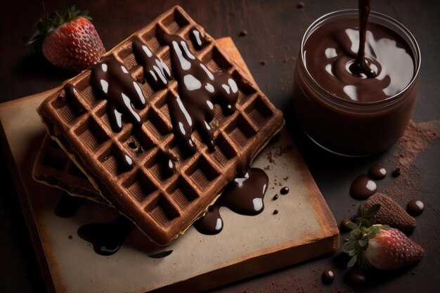 Chocolate waffles with raspberries and chocolate syrup