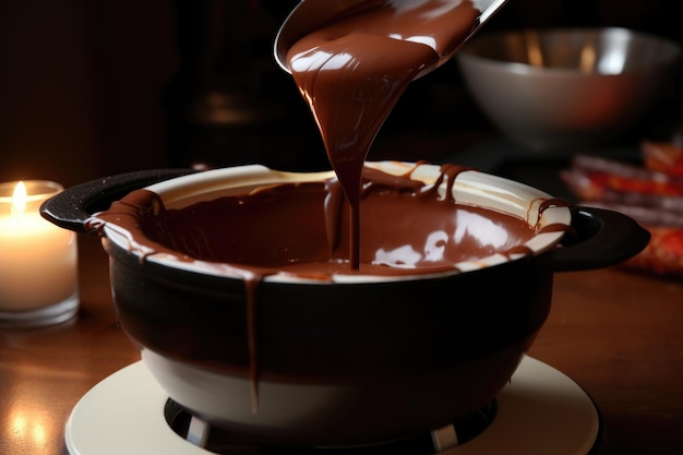 생성 AI로 생성된 따뜻한 퐁듀 냄비에 떨어지는 초콜릿 폭포
